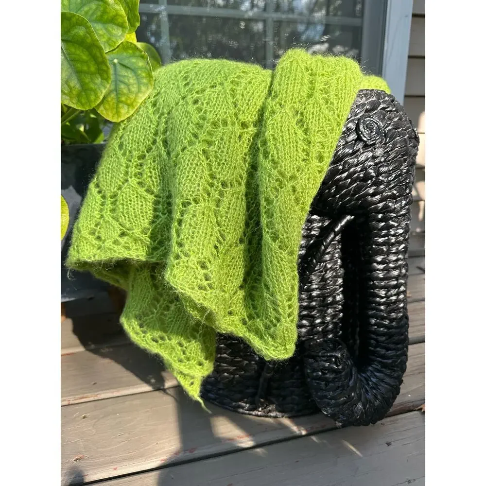 Mohair Wool Crochet Blanket lime green Hand Made Diamond Knit Throw 44x90” shawl